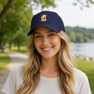 Joyful Eyes Yellow Labrador Retriever artwork inside a gold oval. Adjustable unstructured cap available exclusively through Brookline Labrador Retriever Rescue, with proceeds supporting Labrador rescue efforts.