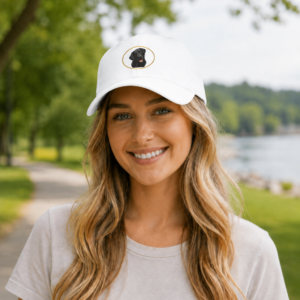 Smiling woman wearing a dark navy low profile baseball cap featuring the exclusive Joyful Eyes Black Labrador Retriever artwork inside a gold oval while outdoors near a tree lined lakeside path. The adjustable cotton cap is available exclusively through Brookline Labrador Retriever Rescue and supports Labrador rescue efforts.