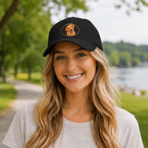 Woman wearing a black low profile baseball cap featuring a Fox Red Labrador Retriever portrait inside a gold oval while standing outdoors along a lakeside path.