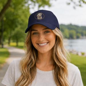 Woman wearing a dark navy low profile baseball cap featuring a silver Labrador Retriever portrait inside a gold oval while standing on a tree lined path beside a lake.