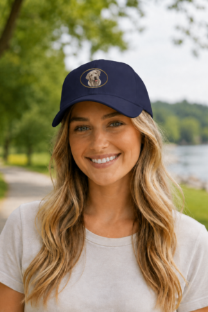 Woman wearing a dark navy low profile baseball cap featuring a silver Labrador Retriever portrait inside a gold oval while standing on a tree lined path beside a lake.