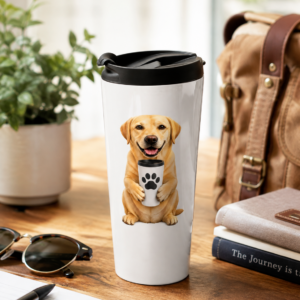 Morning Companion Yellow Lab 15 oz stainless steel travel mug displayed on a wooden table in a bright, cozy setting. The tumbler features an original illustration of a smiling Yellow Labrador Retriever holding a travel mug with a bold black paw print. Available only from Brookline Lab Rescue Apparel & Gifts, every purchase helps support Labrador Retriever rescue.