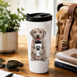 Silver Labrador Retriever 15 oz stainless steel travel mug featuring a realistic silver Lab holding a coffee tumbler, displayed on a wooden desk beside a notebook, sunglasses, plant, books, and backpack.