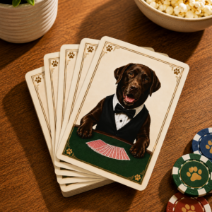 Chocolate Labrador playing card deck displayed on a wooden table with poker chips, popcorn, and game night accessories, showcasing a premium family game night gift for Labrador lovers.