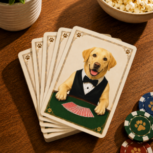 Yellow Labrador playing card deck displayed on a wooden table with colorful game chips, popcorn, and a potted plant, featuring exclusive Labrador artwork for family game nights and dog lovers.