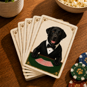 Black Labrador playing card deck displayed on a wooden table with colorful game chips, popcorn, and a potted plant, featuring exclusive Labrador artwork for family game nights and dog lovers.