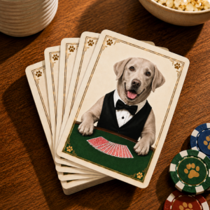 Silver Labrador Playing Cards displayed in a fanned deck on a warm wooden table with popcorn, decorative poker chips, and a potted plant, perfect for family game nights and Labrador lovers.