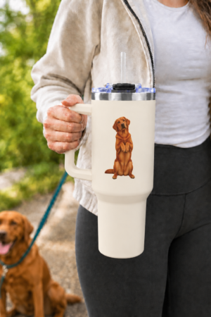 Begging for Treats Fox Red Labrador 40 oz Thermal Tumbler held by a woman while walking a Fox Red Lab outdoors.
