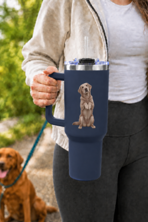 Begging for Treats Silver Labrador 40 oz Thermal Tumbler woman while walking a Silver Lab outdoors.