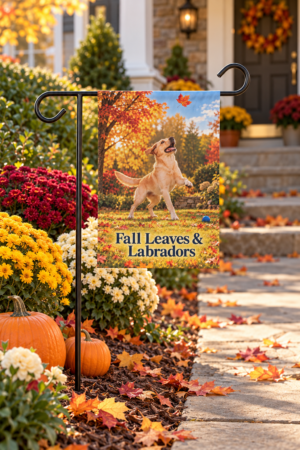 Yellow Lab garden flag, Labrador Retriever garden flag, fall dog décor, autumn garden flag, Yellow Labrador gift, Labrador lover gift, fall porch décor, dog lover garden flag, Brookline Lab Rescue, rescue dog merchandise, exclusive rescue design, fall leaves and Labradors