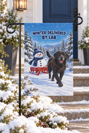 Winter Delivered by Lab Garden Flag Black Lab